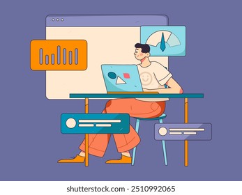 Flat vector illustration of business people operating work scene

