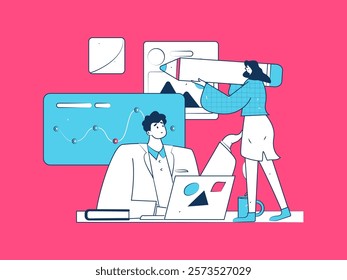 Flat vector illustration of business people operating work scene
