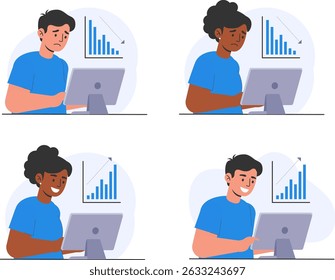 Flat Vector Illustration of Business People Reacting to Financial Loss and Profit Charts