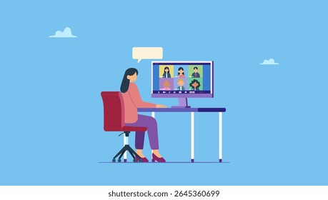 Ilustração vetorial plana de pessoas de negócios que se conectam on-line com teleconferências e videoconferências para reuniões on-line, aprendendo a trabalhar à distância e trabalhar em casa.