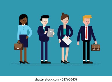 Flat vector illustration of business people of different nationalities smiling. Full length and isolated 