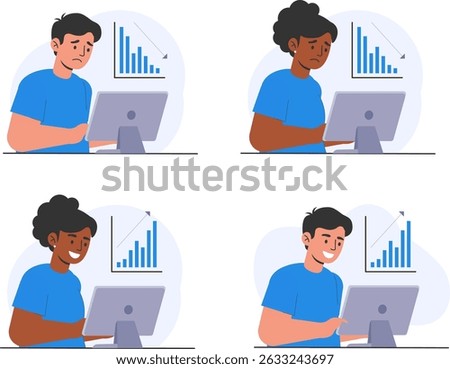 Flat Vector Illustration of Business People Reacting to Financial Loss and Profit Charts