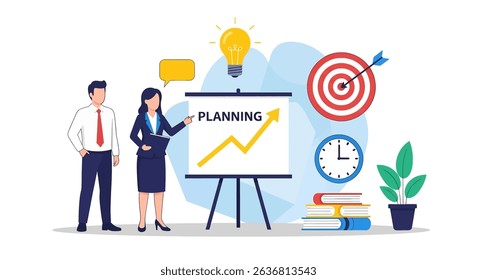 Flat vector illustration of a business planning meeting: a man and woman present a growth chart, aiming for success. Perfect for strategy, goals, and corporate teamwork
