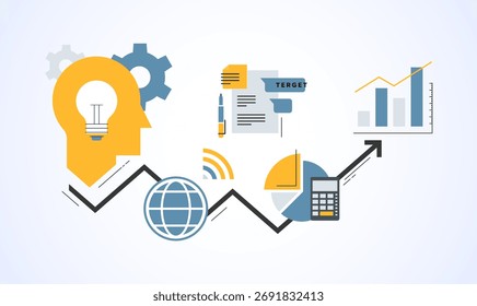 Ilustração vetorial plana do planejamento de negócios e do conceito de estratégia financeira com gráficos de dados, metas e seta de crescimento. Perfeito para apresentações financeiras, estratégia corporativa e gerenciamento de projetos