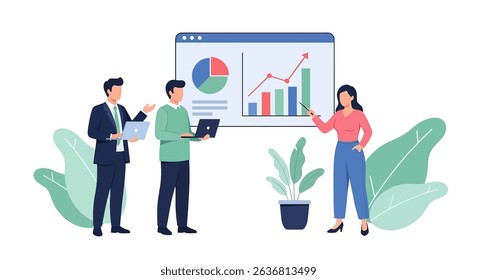 Flat vector illustration of a business presentation with a team discussing growth charts and data. Highlights teamwork and business strategy