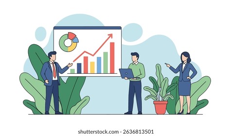 Flat vector illustration of a business presentation with a team discussing growth charts and data. Highlights teamwork and business strategy