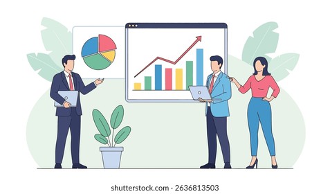 Flat vector illustration of a business presentation with a team discussing growth charts and data. Highlights teamwork and business strategy