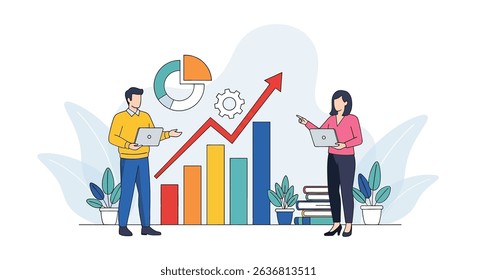Flat vector illustration of a business presentation with a team discussing growth charts and data. Highlights teamwork and business strategy