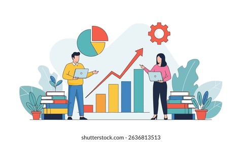 Flat vector illustration of a business presentation with a team discussing growth charts and data. Highlights teamwork and business strategy