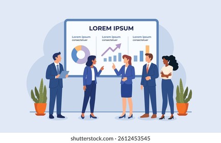 Ilustração vetorial plana de profissionais de negócios discutindo gráficos de pizza, gráficos de barras e tendências de mercado durante uma apresentação de dados. Conceito de reunião de estratégia de equipe no escritório moderno.