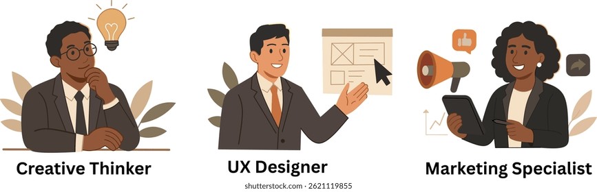 Flat Vector Illustration of Business Professionals – Creative Thinker, UX Designer, and Marketing Specialist