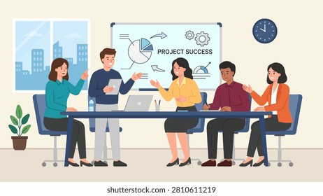 Flat vector illustration of business professionals discussing project strategy, planning tasks, and analyzing workflow during a collaborative office meeting with charts and presentations.