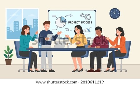 Flat vector illustration of business professionals discussing project strategy, planning tasks, and analyzing workflow during a collaborative office meeting with charts and presentations.