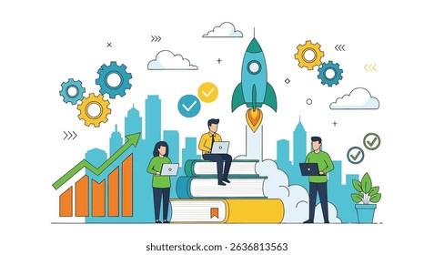 Flat vector illustration of a business startup launch, with a rocket taking off, surrounded by a diverse team, gears, and growth charts. Symbolizes innovation and success