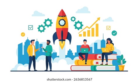 Flat vector illustration of a business startup launch, with a rocket taking off, surrounded by a diverse team, gears, and growth charts. Symbolizes innovation and success