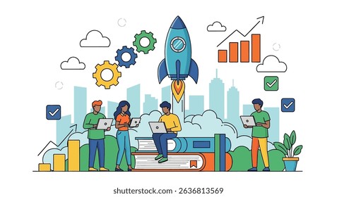 Flat vector illustration of a business startup launch, with a rocket taking off, surrounded by a diverse team, gears, and growth charts. Symbolizes innovation and success