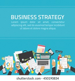Flat vector illustration of business strategy, analysis, consulting, project management and application development, team work, financial report and financial analytics, market research. 