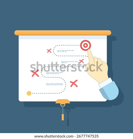 Flat vector illustration of business strategy and planning concept. Marketing tactics, problem-solving, and project management to overcome obstacles, achieve goals, and ensure successful outcomes.