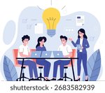 Flat vector illustration of a business team brainstorming and collaborating in the office. Creative teamwork with people discussing ideas, using laptops, and planning a project.