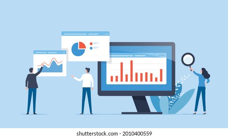 Ilustración vectorial plana análisis de equipo de negocios y supervisión del concepto de monitor de tablero de informes web 