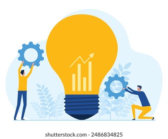 Flat vector illustration business team meeting for brainstorming and business creative process and concept with two businessman hold gear beside lightbulb