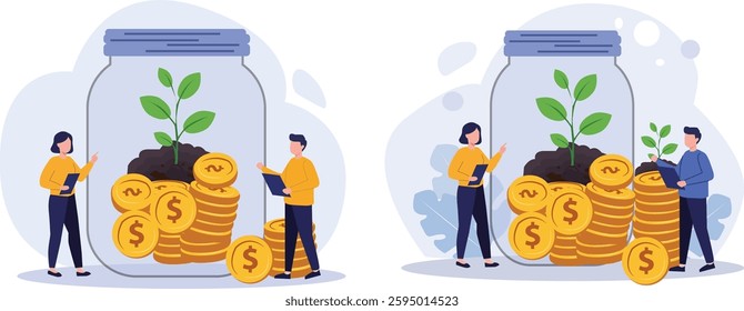 Flat vector illustration of a business team analyzing financial growth with a money jar and sprouting plants. Ideal for investment, savings, business finance, and economic growth themes