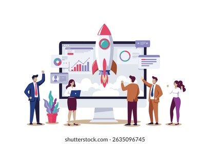 Ilustração vetorial plana de uma equipe de negócios lançando um foguete a partir de uma tela de computador. Conceito de crescimento de start-ups, desenvolvimento de negócios, lançamento de projetos, estratégia de marketing digital e trabalho em equipe.