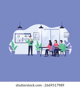 Ilustração de vetor plano da apresentação da equipe de negócios na sala de conferência