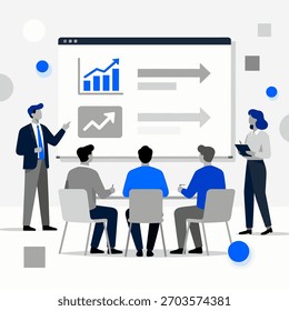 Flat vector illustration of a business team analyzing charts and graphs on a whiteboard.