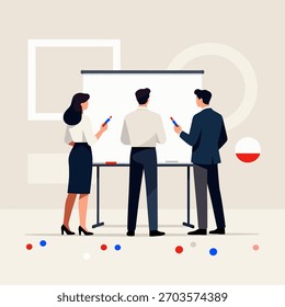 Flat vector illustration of a business team brainstorming in front of a blank whiteboard.