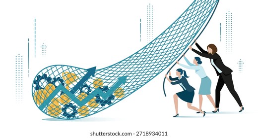 Flat vector illustration of a business team pulling a net containing an upward arrow, coins, and gears, symbolizing capturing growth, financial strategy, teamwork, and opportunity.