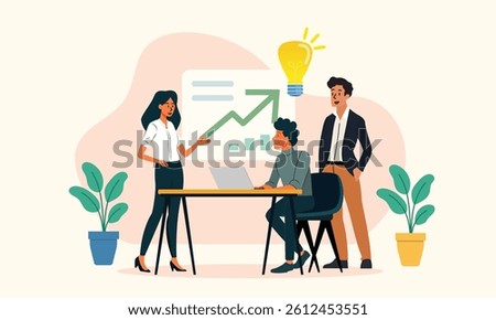 Flat vector illustration of a business team discussing growth strategy with a rising chart and light bulb symbolizing new ideas. Creative planning concept in modern office.