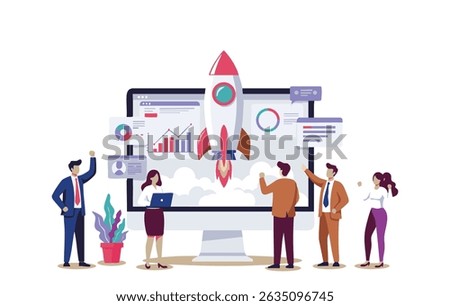 Flat vector illustration of a business team launching a rocket from a computer screen. Concept of startup growth, business development, project launch, digital marketing strategy, and teamwork.