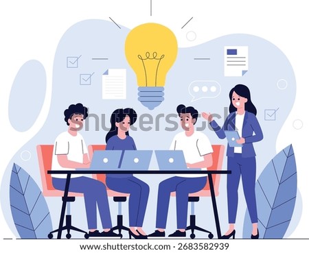 Flat vector illustration of a business team brainstorming and collaborating in the office. Creative teamwork with people discussing ideas, using laptops, and planning a project.
