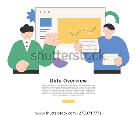Flat vector illustration of business team reviewing data overview and growth analytics on dashboard with charts and reports in modern minimal style on white background.
