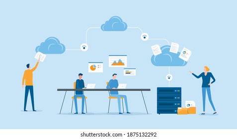 Cloud-Computing-Service-Konzept für flache Vektorgrafik-Geschäftstechnologie und mit dem Arbeits- und Sitzungskonzept des Entwicklerteams