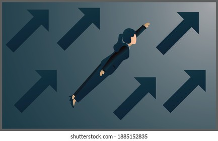 
flat vector illustration of business woman flying up with up arrow, in blue gradient