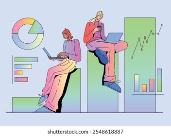 Ilustração vetorial plana de mulheres de negócios que trabalham com análise de dados, incluindo gráficos de barras, gráficos de pizza e gráficos de desempenho. Os personagens são programadores focados na análise de dados, melhorando