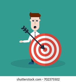 Flat Vector Illustration of a Businessman with an Arrow Hitting the Target. Business Concept design