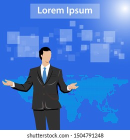 Flat vector illustration of a businessman in black suit and a world map in the background. Business presentation concept illustration. Abstract blue background. Space for text.