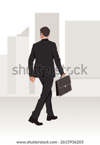 Flat vector illustration of a businessman with briefcase walking away. Back view with minimalist gray cityscape background. Professional urban lifestyle concept in modern style.