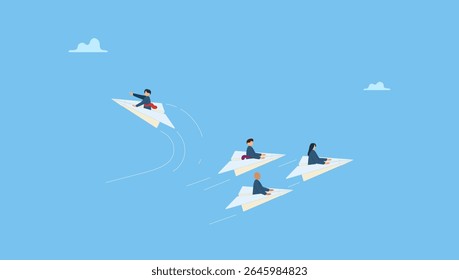 Ilustração vetorial plana de um homem de negócios mudando a direção de um avião origami. Mudar o caminho de carreira ou diferentes direções de negócios, coragem para ver o conceito de oportunidade.