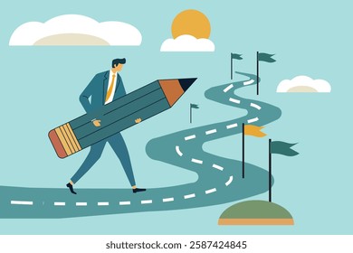 Flat vector illustration of a businessman drawing his career path with a giant pencil, symbolizing workflow, project progress, milestone tracking, achievement, and success.