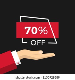 Flat Vector Illustration of a Businessman Hand Holding 70% Sale Banner. Discount Poster Big Sales
