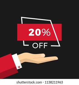 Flat Vector Illustration of a Businessman Hand Holding 20% Sale Banner. Discount Poster Big Sales
