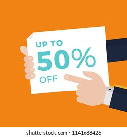 Flat Vector Illustration of Businessman Hand Holding Sheet of Paper with 50% Off. Hand Showing a Sale Banner 