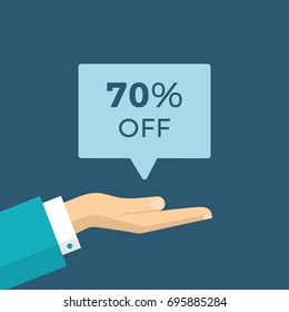 Flat Vector Illustration of a Businessman Hand Holding Banner with 70% Sale