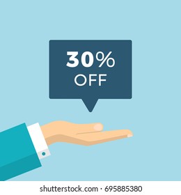 Flat Vector Illustration of a Businessman Hand Holding Banner with 30% Sale