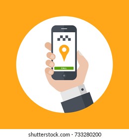 Flat Vector Illustration of a Businessman Hand Ordering a Taxi Using Smartphone