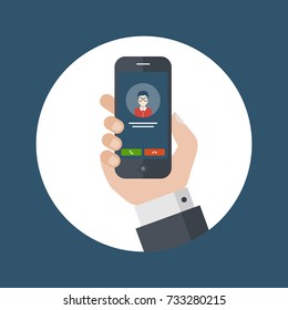 Flat Vector Illustration of a Businessman Hand Holding a Smartphone  with Incoming Call